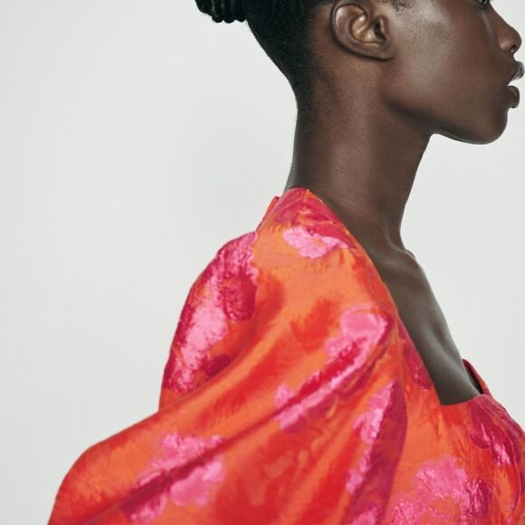 NWT ZARA PUFF SLEEVE JACQUARDβMINI DRESS Fuchsia | 8072/54 - Picture 11 of 16